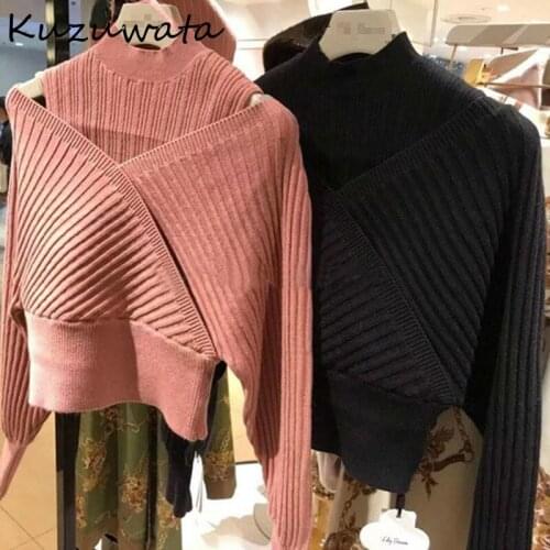 Waist Slim Fashion Women Pullovers Chic Sexy Cross Shoulder Strapless Knitted Tops Autumn New Solid Color Sweaters