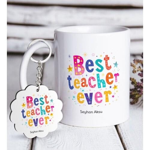 Personalized Best Teacher White Mug and Keychain Gift Seti-12
