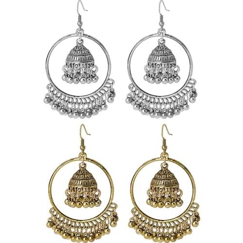 Vintage Ethnic Gypsy Indian Earrings For Women Boho Jewelry Ladies Retro Round Bell Tassel Hollow Tassel Earrings