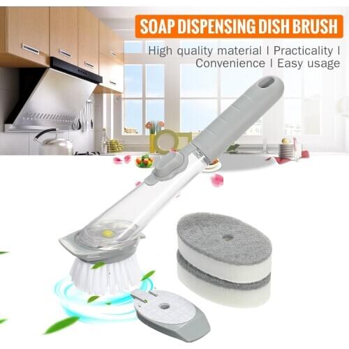 Soap Dispensing Dish Brush with 1 Handle 3 Brush Heads Household Kitchen Washing Cleaning Tool for Pans Pots Sink