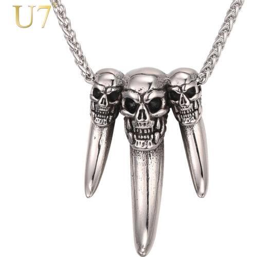 U7 Gothic Necklace Statement Gold Color Stainless Steel Skeleton Teeth Pendant & Chain For Men Punk Jewelry 2017 New P1040