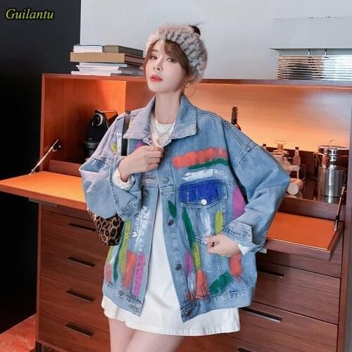Hand-painted Graffiti Harajuku Streetwear Denim Jacket Women Spring Autumn Bomber Vintage Jackets Loose Short Coat Female