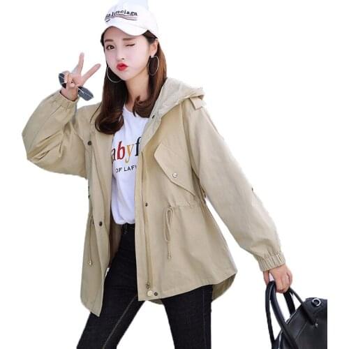 Womens Jacket Korean Version New Hooded Drawstring Loose Windbreaker Spring Autumn Fashion Casual Versatile Coat Student Wear