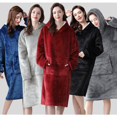 Women Winter Hooded Nightgown Solid Color Flannel Thicken Warm Sweatshirt Bathrobe Loose Home Dressing Gown Pajamas Sleepwear3XL