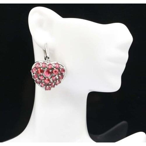 37x27mm Romantic Created Heart Shape Pink Raspberry Rhodolite Garnet CZ Ladies Wedding Silver Earrings