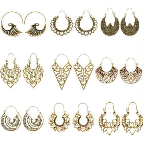 Tocona Vintage Datura Flowers Drop Earrings for Women Retro Spiral Carve Flowers Hollow Geometry Earrings Jewelry Wholesale
