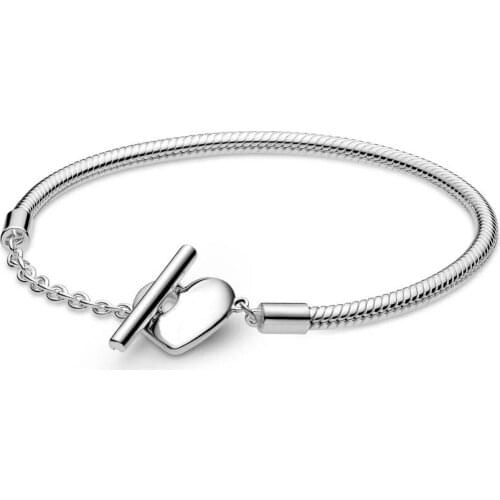 Real 925 Sterling Silver Moments Heart T-Bar Snake Chain Fashion Bracelet Fit Pandora Women Bead Charm Bangle Gift DIY Jewelry