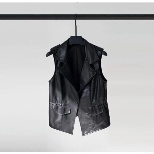 2021 Spring New Leather Vest Female Sheep Skin Elastic Waist Show Short Sleeve Jacket Sleeveless Leather Coat Genuine Leather