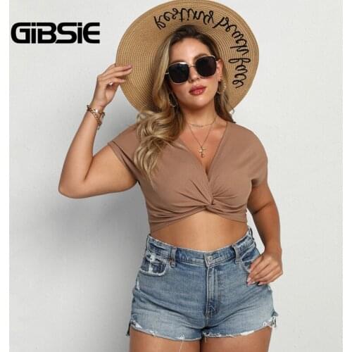 GIBSIE Solid Rib-knit Deep V Neck Twist Front Crop Top T Shirt Women Plus Size Summer Short Sleeve Casual Sexy Ladies T-Shirts