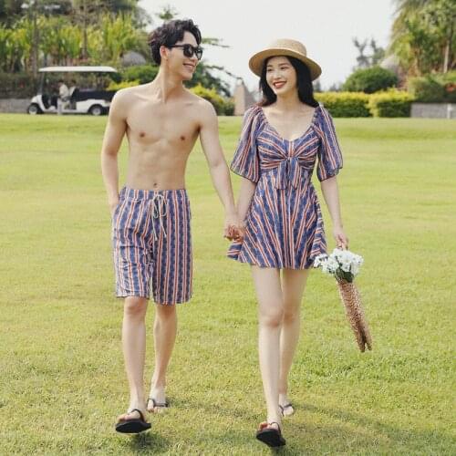 2021 Summer New Vacation Couple Swimsuit Sweet Fashion Short Sleeve One Piece Bathing Suit Women Beach Wear Stripe Shorts Men