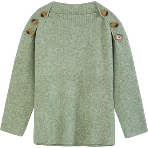 PERHAPS U Women Sweater Beige Green Button Slash Neck Loose Solid Elegant Autumn M0100