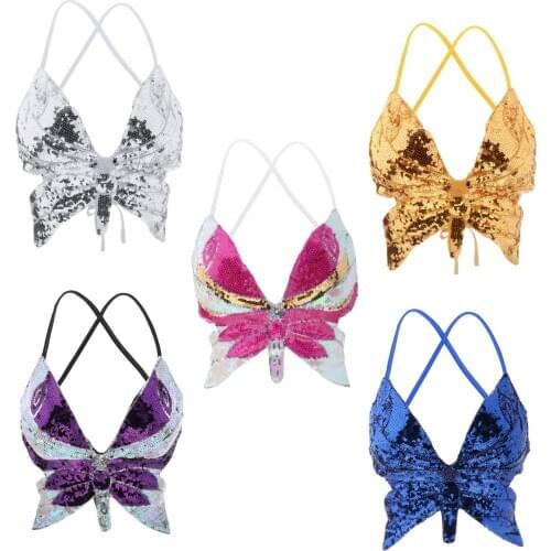 Belly Dance Bra Top Women Sequined Dance Costumes Butterfly Tops