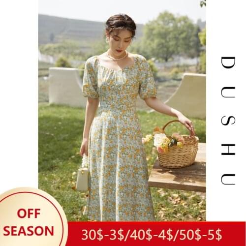 DUSHU Office Lady Sweet Square Collar Floral Dress Women Summer 2021 New Chiffon Zipper Puff Sleeve Long Skirt