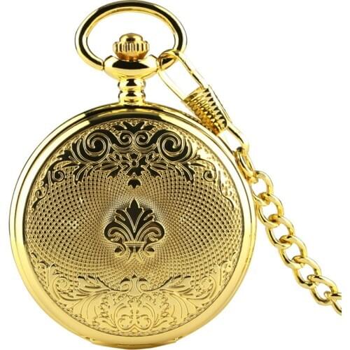 Gold Mechanical Pocket Watch Retro Exquisite Pattern Manual Mechanism Pendant Clock Arabic Numerals Display Antique Men Watch