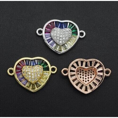 14x20mm 100% CZ Zircon DIY Jewelry Rainbow Heart Connectors Charm Wholesale OEM Order Accepted Bulk Order Discounts