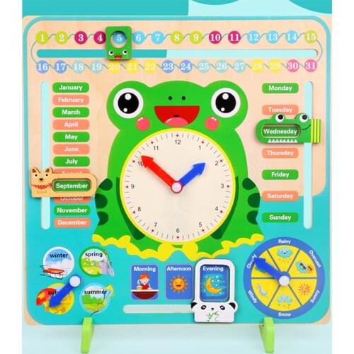 Baby Wood Cartoon Season Frog Calendar Clock Toys Weather Time Training Cognition Matching Toys Preschool Educational Teaching