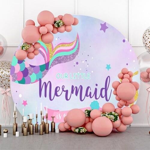 Laeacco Mermaid Backgrounds For Photography Circle Round Backdrops Happy Birthday Party Shell Star Child Baby Photozone Portrait