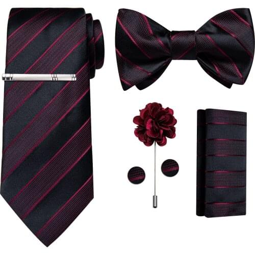 Red Striped Black Mens Neck Ties Handkerchief Cufflinks Self Tie Bow Tie Wedding Party Accessories Butterfly Cravate Homme