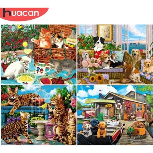 HUACAN Oil Painting By Number Cat Animals Kits For Adults Handpainted DIY Picture By Number Dog On Canvas Home Decoration