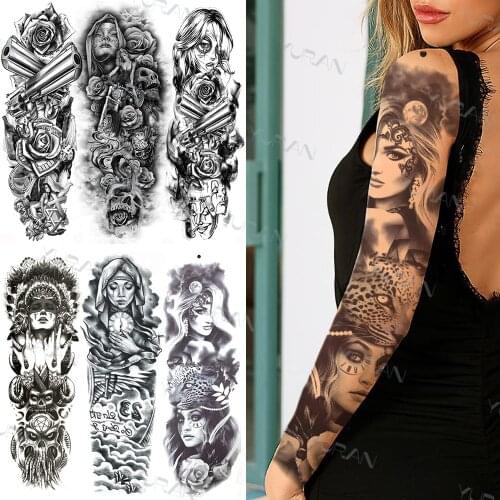 Indian Nun Full Arm Tattoo Sleeve For Women Girl Fake Tribal Totem Moon Leopard Realistic Temporary Tattoos Body Covering Tattoo