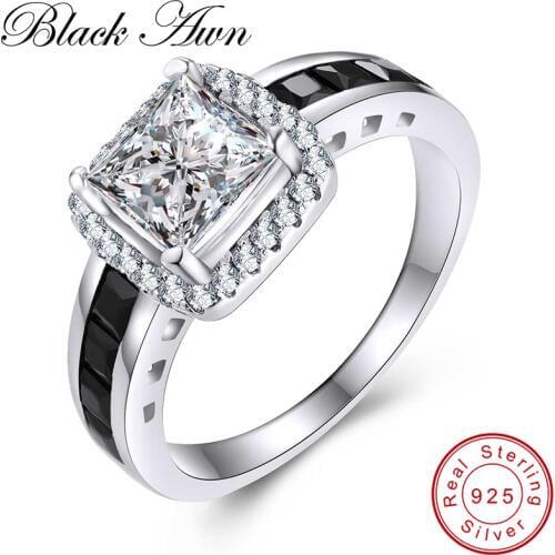 [BLACK AWN] Wedding Rings for Women 4.0g Solid 100% 925 Sterling Silver Jewelry Black Spinel Classic Bague C192
