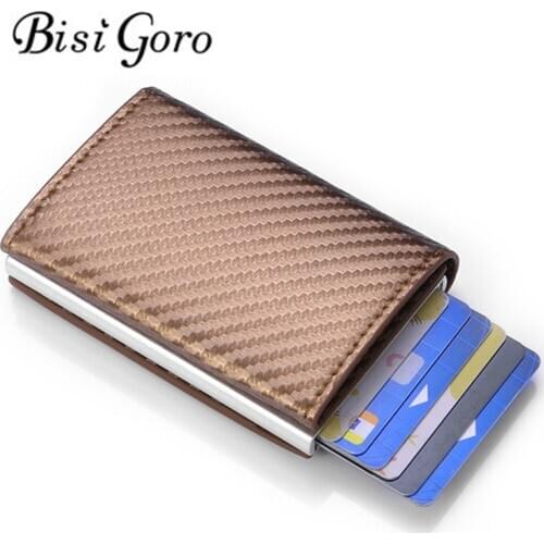 BISI GORO New Clutch Pop-up mart Wallet Cardbon Fiber RFID Metal Card Holder 2020 PU Leather Slim Thin New Card Case