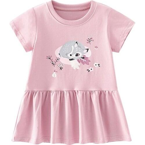 Jumping Meters Summer Girls Dress Comfortable Short Sleeve Printing Animal Cute Deer Skirt For Babys Floral Skirt 2-7Years