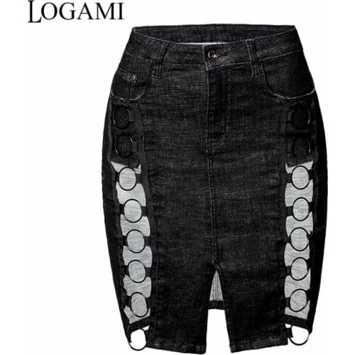LOGAMI High Waist Leather Skirt Hollow Out Midi Pencil Skirts Womens Split Denim Skirts Black Blue
