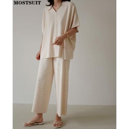 Casual Solid Two Piece Pants Set Women Short Sleeve Pullover + Wide Leg Pants Set Korean Vintage Loose Female 2 Pcs Set 2021