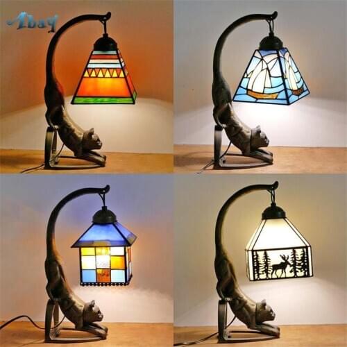 Tiffany Animal Iron Table Lamps Led Living Bedroom Bedside Desk Lights Southeast Asian Retro Study Art Antique Glass Fixtures