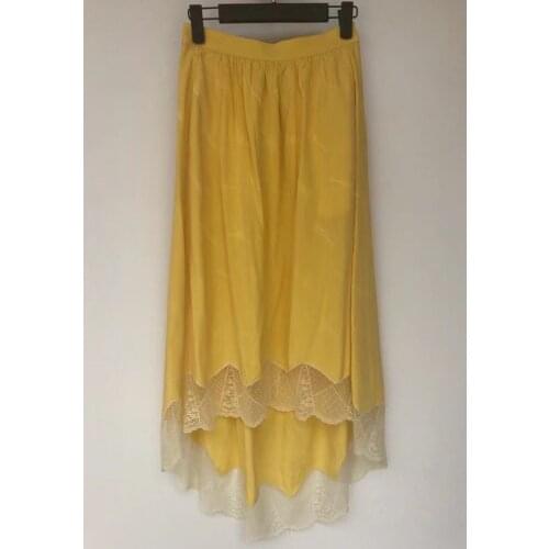 2020SS yellow Silk Womens Skirt Jacquard Printing Asymmetric Skirt Lace Embroidered Hem