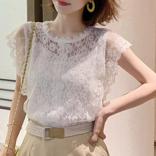 Women Blouse Womens 2021 Summer Hollow Lace Sleeveless Lace Short Sleeve T-shirt Top Blusas Mujer De Moda