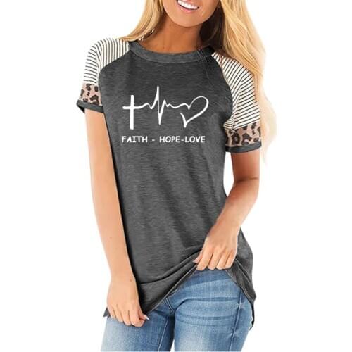 Faith Hope Love Christian Women T-shirt round neck striped leopard T-Shirts Summer women Cotton Casual Tops