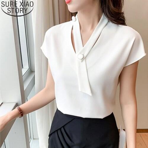 2021 Elegant Short Sleeve Top Women Clothing Office Lady New V-neck Chiffon Shirt Summer Solid White Blouse Blusa Mujer 15567
