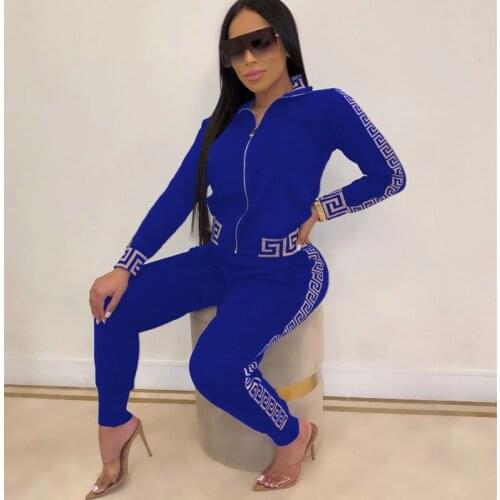 Women Stylish Outfits 2021 Autumn Fashion Sportwear Tracksuit Long Sleeve Zipper Printing Jacket Coat+Skinny Pants Two Piece Set