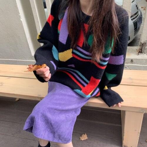Geometric Patterns Harajuku Patchwork Women Sweaters Girl Cute Trendy Loose Jumpers Winter Thick Knitted Round Collar Pullovers