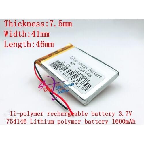 3.7V,1600mAH,754146 polymer lithium ion / Li-ion battery for dvr,GPS,mp3,mp4,cell phone,speaker