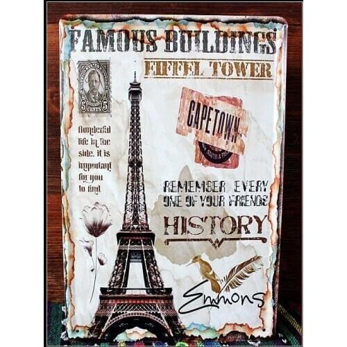 50pcs/lot Metal Sign shabby chic Famous Building Eiffel tower postcard Metal Tin sign Bar Antique Metal Painting Decor for Home