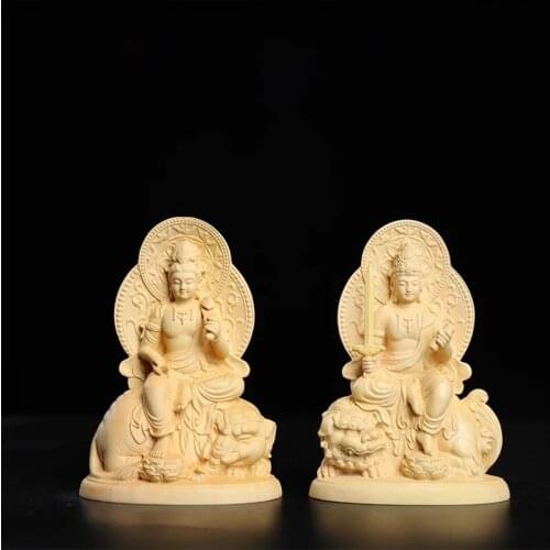Boxwood 12cm Manjushri and Samantabhadra Bodhisattva Figure Sculpture Buddha Wood Statue Riding Elephant Lion Home Decor