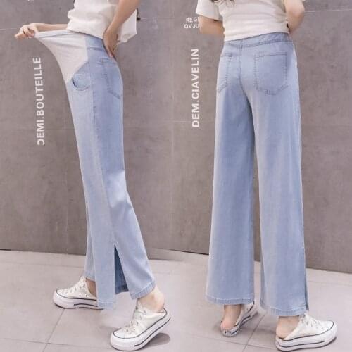 Maternity Tencel Denim Casual Pants Summer Thin Loose Fashion Straight Wide Leg Pants Abdomen Support