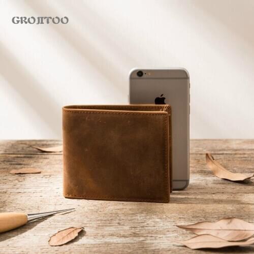 GROJITOO Handmade Wallet Short Mens Top Layer Cowhide Crazy Horse Leather Wallet Large Capacity Horizontal Wallet Coin Purse