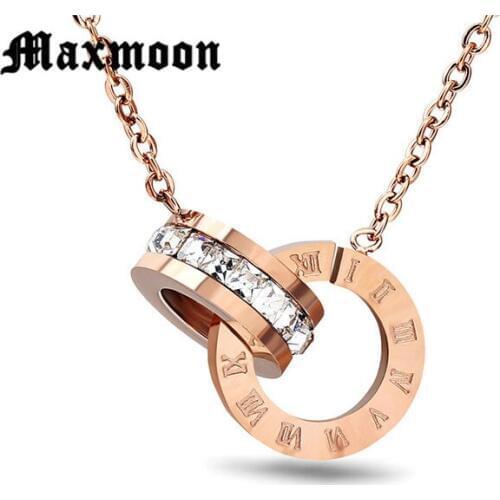 Maxmoon Fashion Luxury Gold Roman Numerals Long Necklace Pendant for Women Girl High Polish Stainless Steel Necklace Jewelry