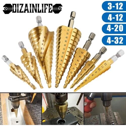 HSS Cone Step Drill Bit Set Titanium Coated Core Drill Hex Shank Twist Straight/Spiral Groove Hole Cutter for Wood Metal