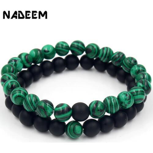 Natural Stone Howlite & Black Matte Stone 2Pcs/Set Couples Distance Elastic Beaded Bracelets Sets for Men Women Jewelry Gift