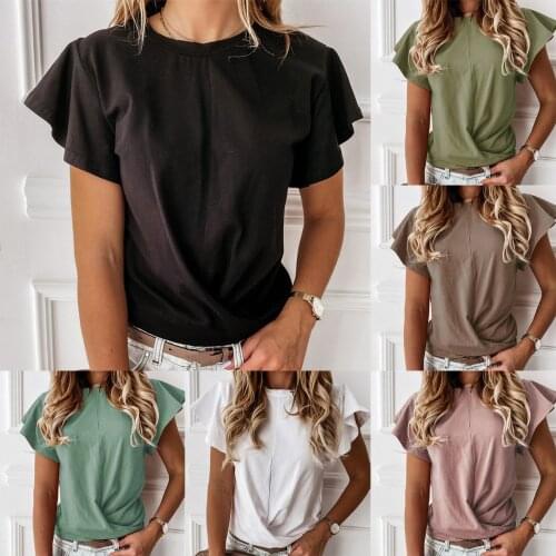 Korean Clothes Blouse Womens Casual Fashion Solid Color Round Neck Ruffle Short Sleeve Tops Elegant Office Lady Shirt Tops