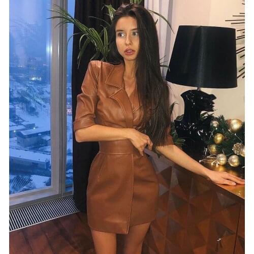 Sexy V Neck Leather Women Blazer Half Sleeve Slim Fit Jacket With Belt Club Party Streetwear Daily Coat Dress