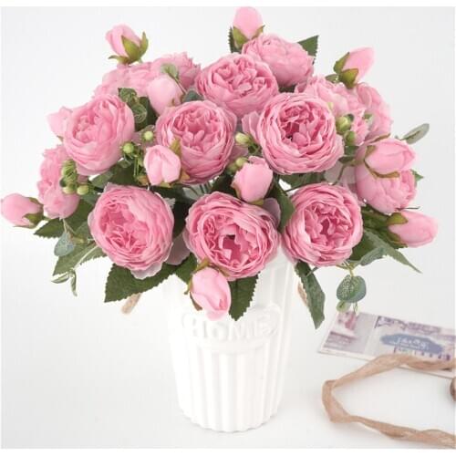 30cm Rose Pink Silk Peony Artificial Flowers Bouquet 5 Big Head and 4 Bud Cheap Fake Flowers for Home Wedding Decoration indoor