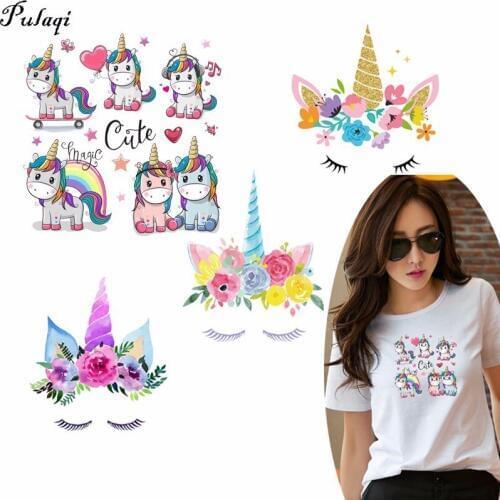 Pulaqi Iron On Cartoon Patches Thermal Transfer For T - Shirt Clothes Decoration Stickers Garment Accessories Unicorn Diy H