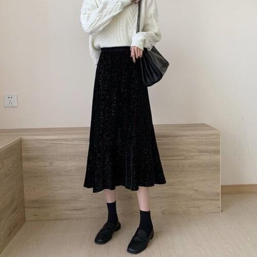 Sparkling velvet black Long skirt for women autumn and winter 2021 new retro temperament high waist mid-length a-line skirt
