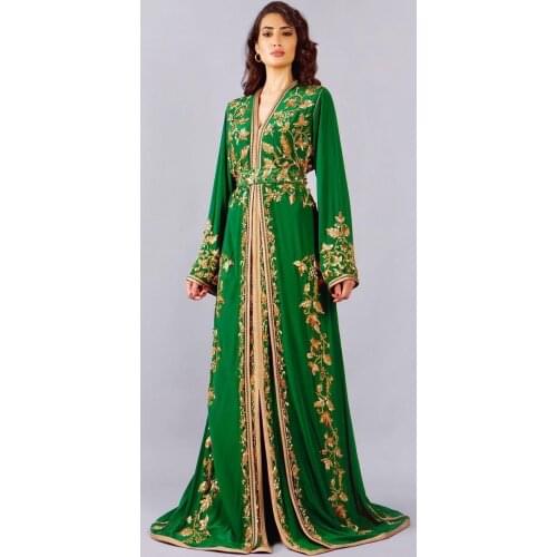 Green Moroccan Caftan Evening Dress V-Neck Floor Length A-Line Saudi Arabia Prom Dress Summer Dress Formal Vestidos De Gala